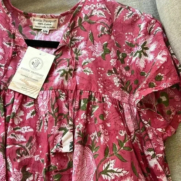Rustic Passport block print short sleeve tassel dress s/m - Picture 3 of 5